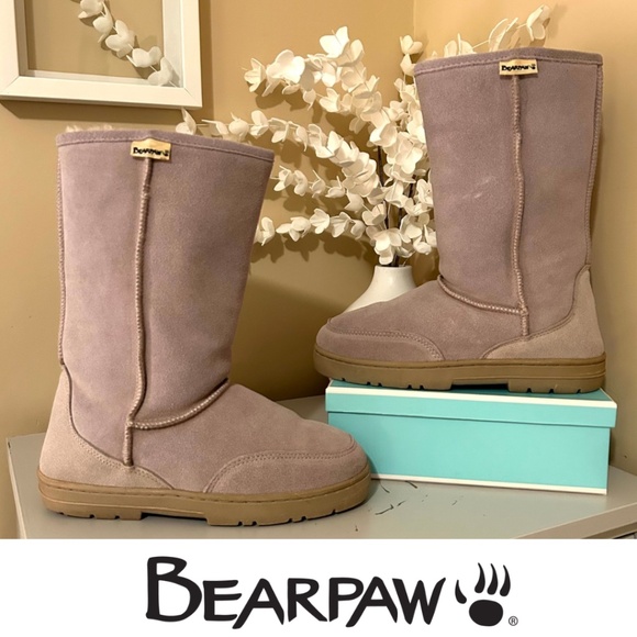 BearPaw Sheepskin Suede Meadow 10β Boots Stone Grey Size 8 EUC - Picture 1 of 13